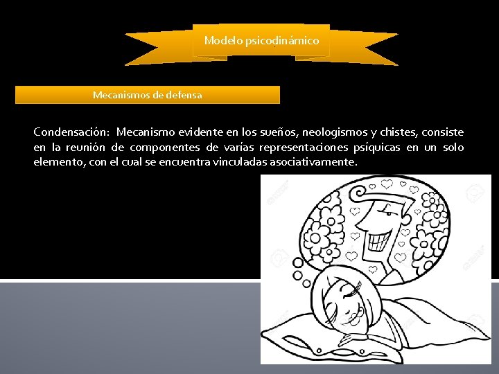 Modelo psicodinámico Mecanismos de defensa Condensación: Mecanismo evidente en los sueños, neologismos y chistes,