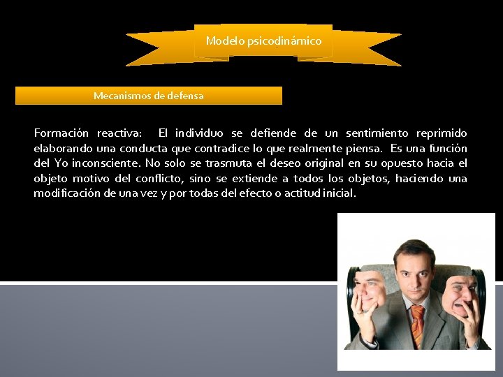 Modelo psicodinámico Mecanismos de defensa Formación reactiva: El individuo se defiende de un sentimiento