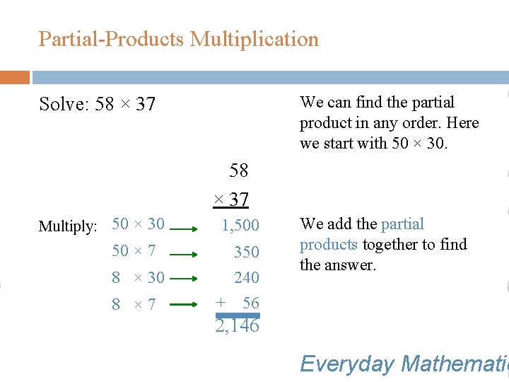 Partial-Products Multiplication We can find the partial product in any order. Here we start