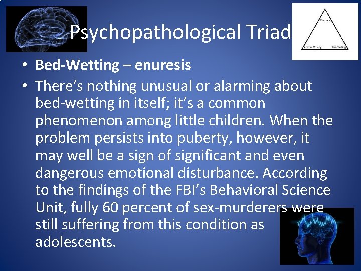 Psychopathological Triad • Bed-Wetting – enuresis • There’s nothing unusual or alarming about bed-wetting