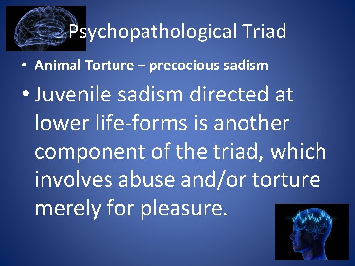 Psychopathological Triad • Animal Torture – precocious sadism • Juvenile sadism directed at lower