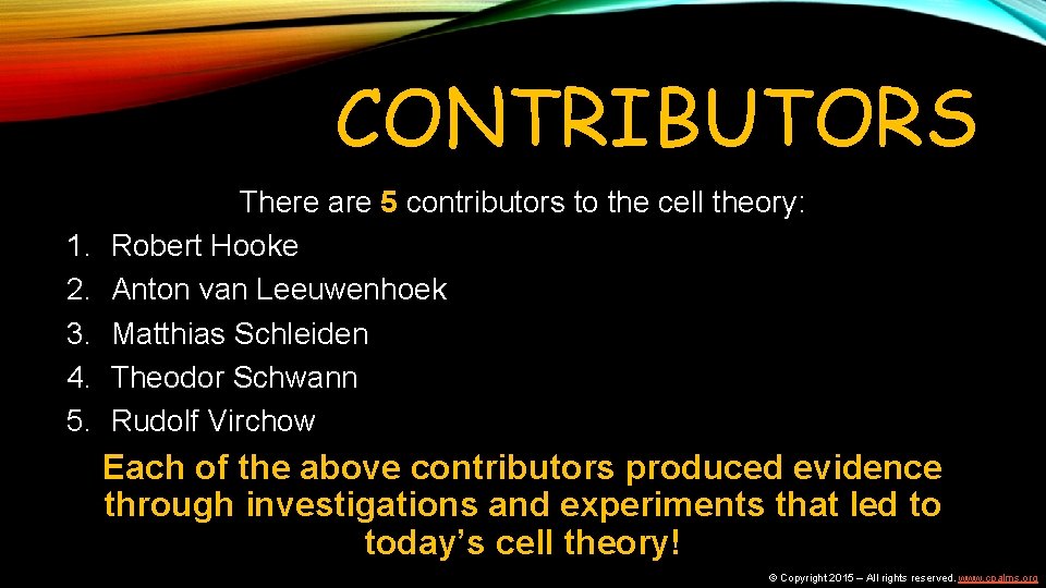 CONTRIBUTORS 1. 2. 3. 4. 5. There are 5 contributors to the cell theory: