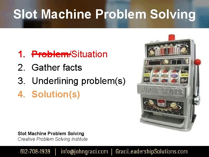 Slot Machine Problem Solving 1. 2. 3. 4. Problem/Situation Gather facts Underlining problem(s) Solution(s)