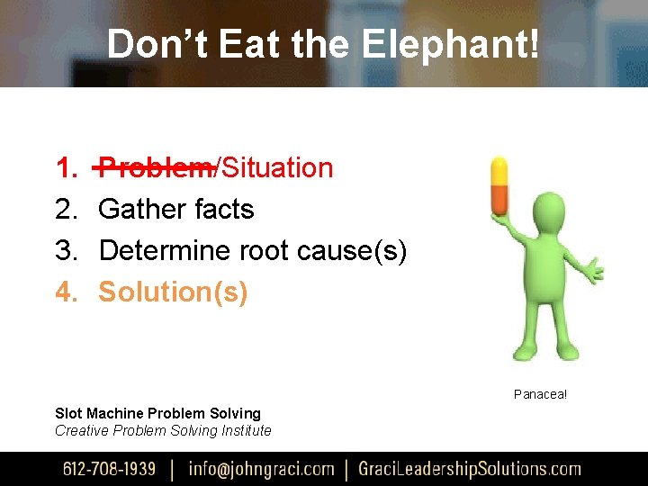 Don’t Eat the Elephant! 1. 2. 3. 4. Problem/Situation Gather facts Determine root cause(s)