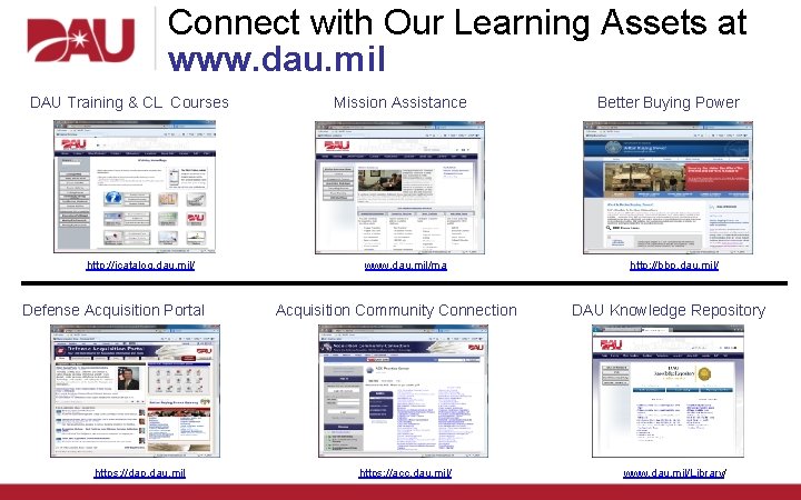 Connect with Our Learning Assets at www. dau. mil DAU Training & CL Courses