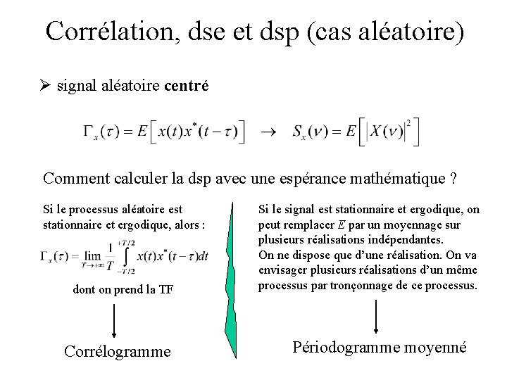 Corrélation, dse et dsp (cas aléatoire) Ø signal aléatoire centré Comment calculer la dsp