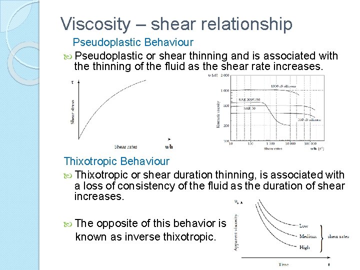 Viscosity – shear relationship Pseudoplastic Behaviour Pseudoplastic or shear thinning and is associated with