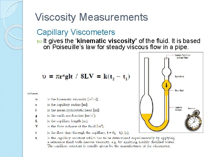 Viscosity Measurements Capillary Viscometers It gives the ‘kinematic viscosity’ of the fluid. It is