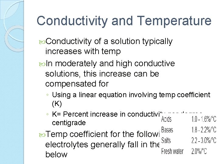 Conductivity and Temperature Conductivity of a solution typically increases with temp In moderately and