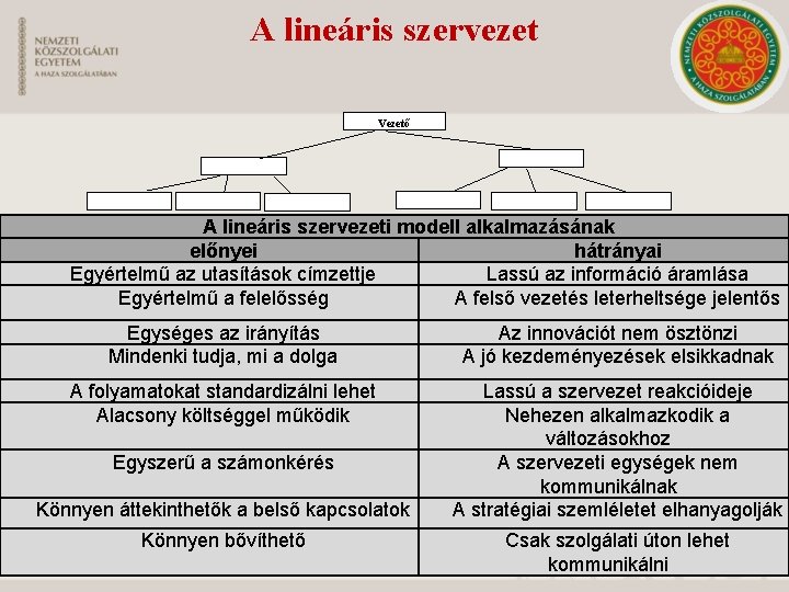 A lineáris szervezet Vezető A lineáris szervezeti modell alkalmazásának előnyei hátrányai Egyértelmű az utasítások