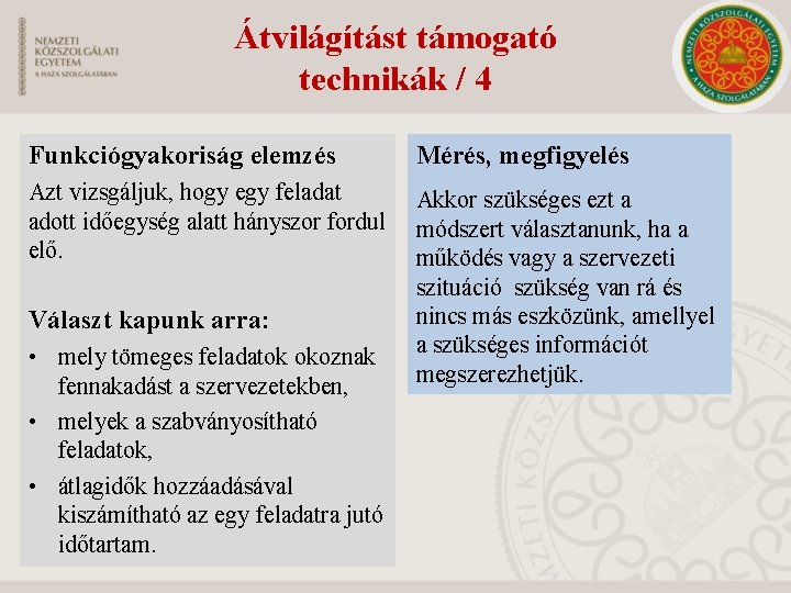 Átvilágítást támogató technikák / 4 Funkciógyakoriság elemzés Mérés, megfigyelés Azt vizsgáljuk, hogy egy feladat