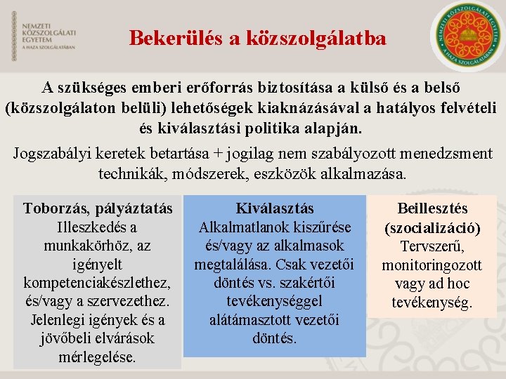 Bekerülés a közszolgálatba A szükséges emberi erőforrás biztosítása a külső és a belső (közszolgálaton