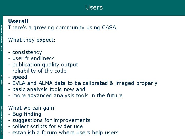 CASA Science Requirements Jürgen Ott CASA Developers Meeting Users!! There’s a growing community using