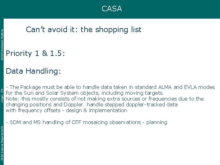 CASA Developers Meeting CASA Can’t avoid it: the shopping list Priority 1 & 1.