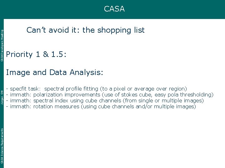 CASA Developers Meeting CASA Can’t avoid it: the shopping list Priority 1 & 1.