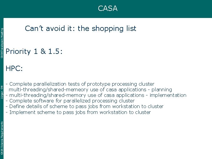 CASA Developers Meeting CASA Can’t avoid it: the shopping list Priority 1 & 1.