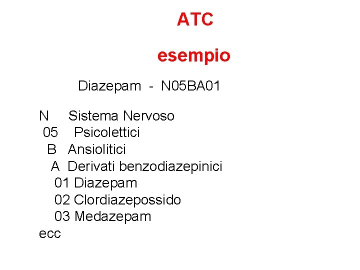 ATC esempio Diazepam - N 05 BA 01 N Sistema Nervoso 05 Psicolettici B