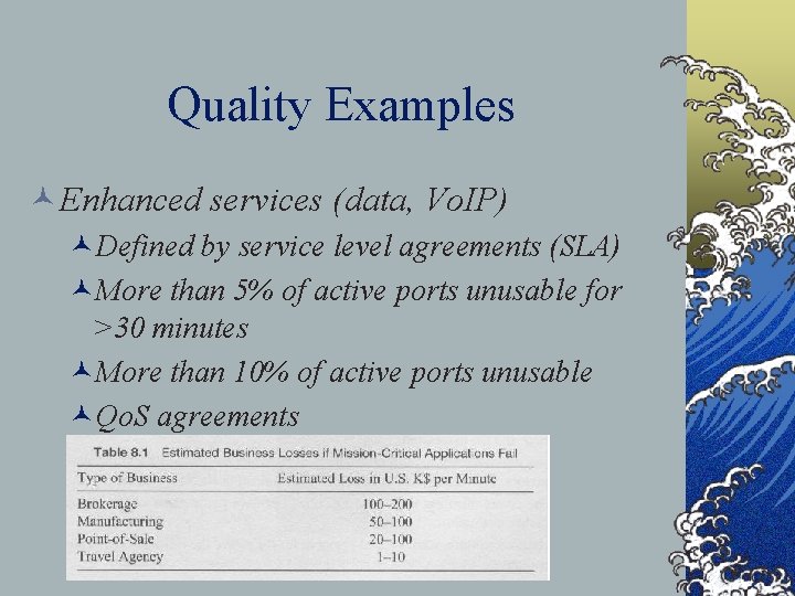 Quality Examples ©Enhanced services (data, Vo. IP) ©Defined by service level agreements (SLA) ©More