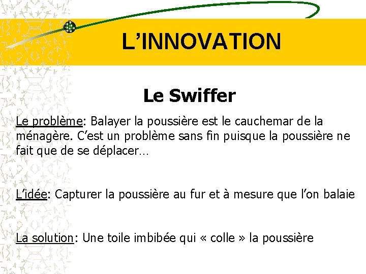 L’INNOVATION Le Swiffer Le problème: Balayer la poussière est le cauchemar de la ménagère.