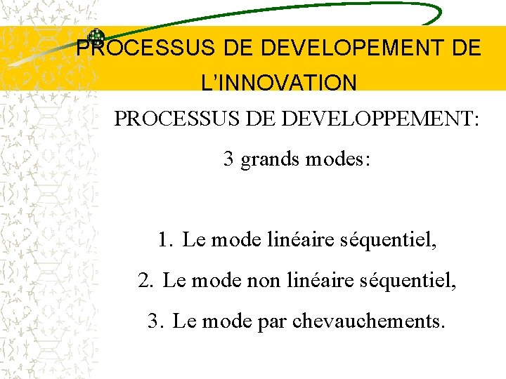 PROCESSUS DE DEVELOPEMENT DE L’INNOVATION PROCESSUS DE DEVELOPPEMENT: 3 grands modes: 1. Le mode