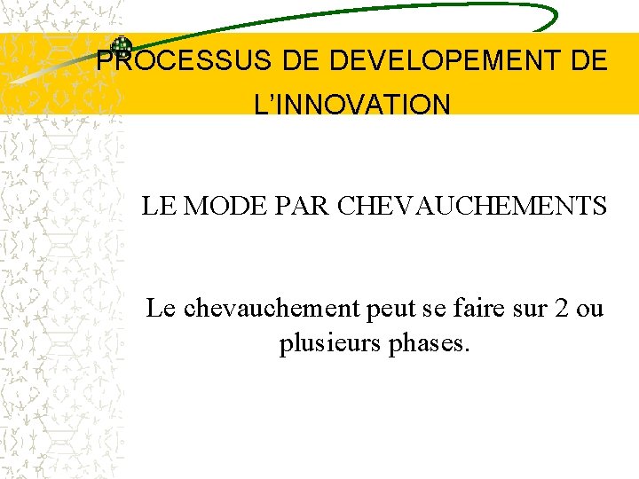 PROCESSUS DE DEVELOPEMENT DE L’INNOVATION LE MODE PAR CHEVAUCHEMENTS Le chevauchement peut se faire