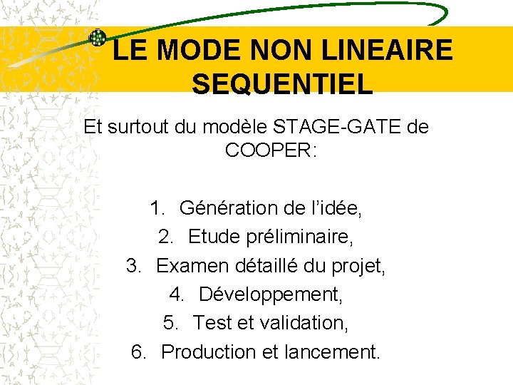 LE MODE NON LINEAIRE SEQUENTIEL Et surtout du modèle STAGE-GATE de COOPER: 1. Génération