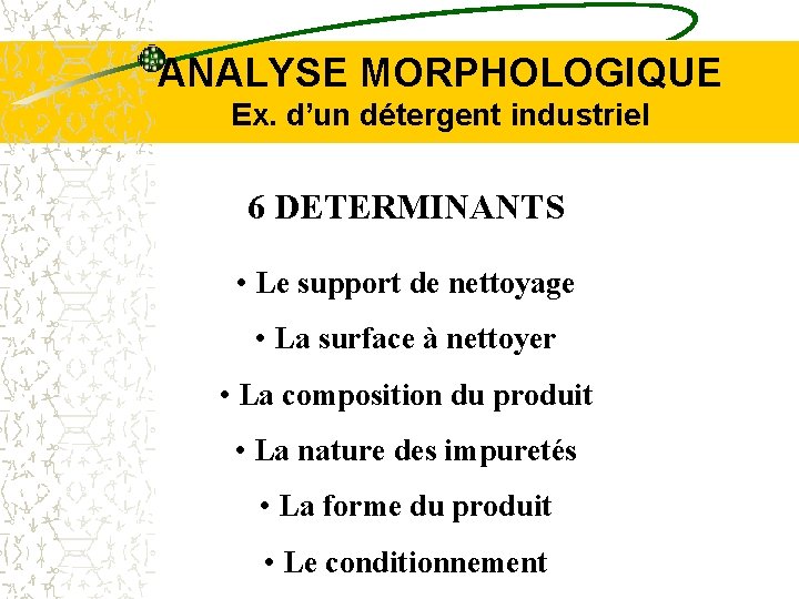 ANALYSE MORPHOLOGIQUE Ex. d’un détergent industriel 6 DETERMINANTS • Le support de nettoyage •