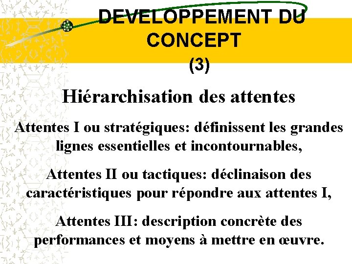  DEVELOPPEMENT DU CONCEPT (3) Hiérarchisation des attentes Attentes I ou stratégiques: définissent les