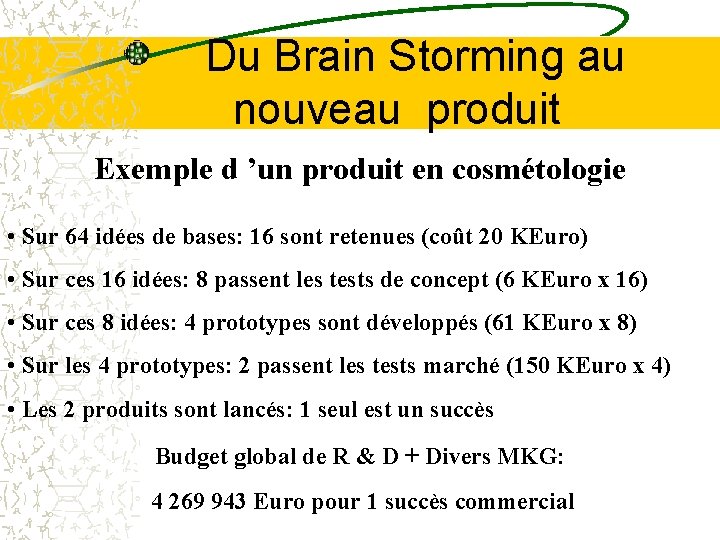  Du Brain Storming au nouveau produit Exemple d ’un produit en cosmétologie •