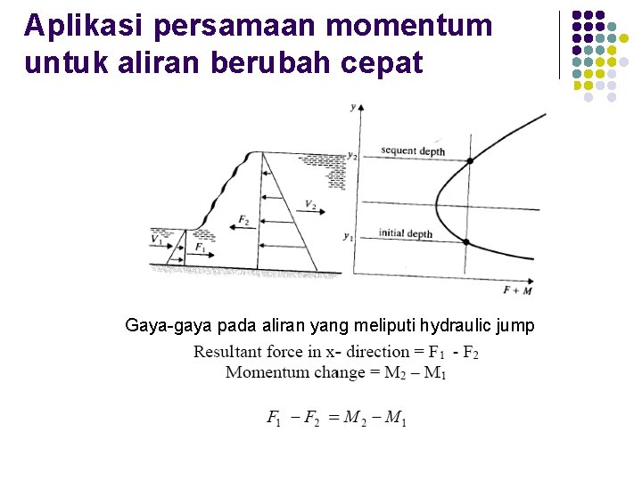 Aplikasi persamaan momentum untuk aliran berubah cepat Gaya-gaya pada aliran yang meliputi hydraulic jump