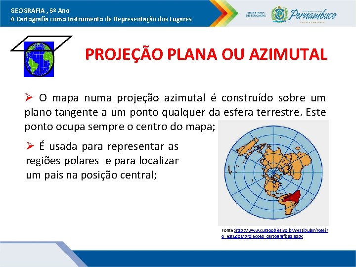 GEOGRAFIA , 6º Ano A Cartografia como Instrumento de Representação dos Lugares PROJEÇÃO PLANA