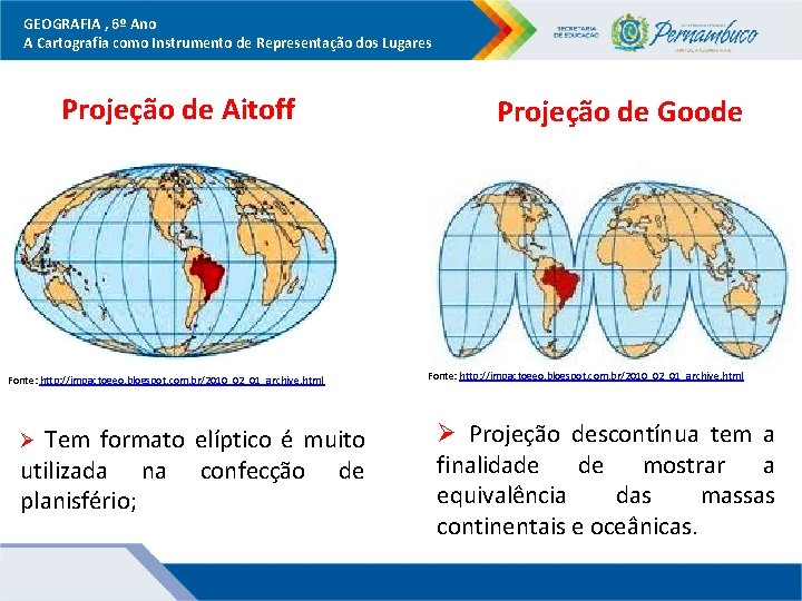 GEOGRAFIA , 6º Ano A Cartografia como Instrumento de Representação dos Lugares Projeção de