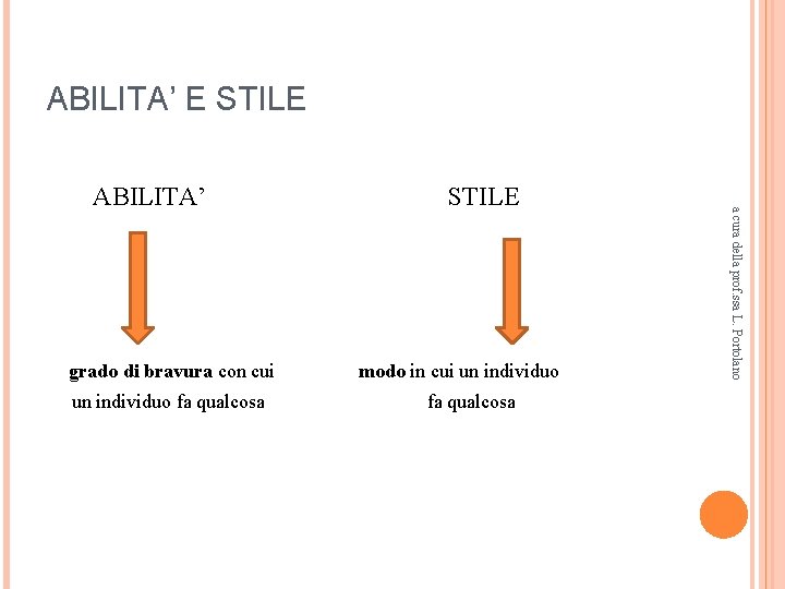 ABILITA’ E STILE grado di bravura con cui un individuo fa qualcosa STILE modo ABILITA’ E STILE grado di bravura con cui un individuo fa qualcosa STILE modo