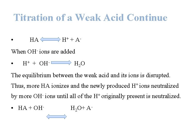 Titration of a Weak Acid Continue • HA H+ + A- When OH- ions