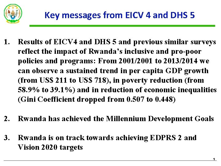 Key messages from EICV 4 and DHS 5 1. Results of EICV 4 and Key messages from EICV 4 and DHS 5 1. Results of EICV 4 and