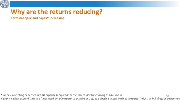 Why are the returns reducing? Terminal opex and capex* increasing * opex = operating