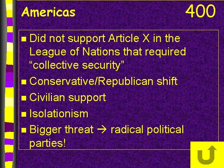 Americas 400 Did not support Article X in the League of Nations that required