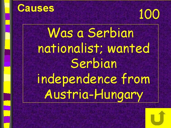 Causes 100 Was a Serbian nationalist; wanted Serbian independence from Austria-Hungary 