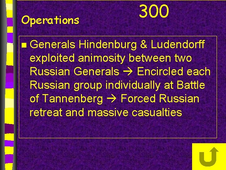 Operations n 300 Generals Hindenburg & Ludendorff exploited animosity between two Russian Generals Encircled