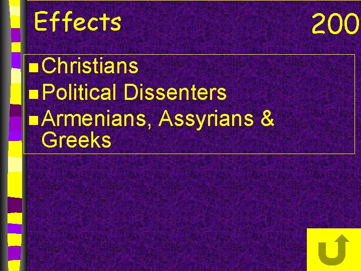 Effects n Christians n Political Dissenters n Armenians, Assyrians & Greeks 200 