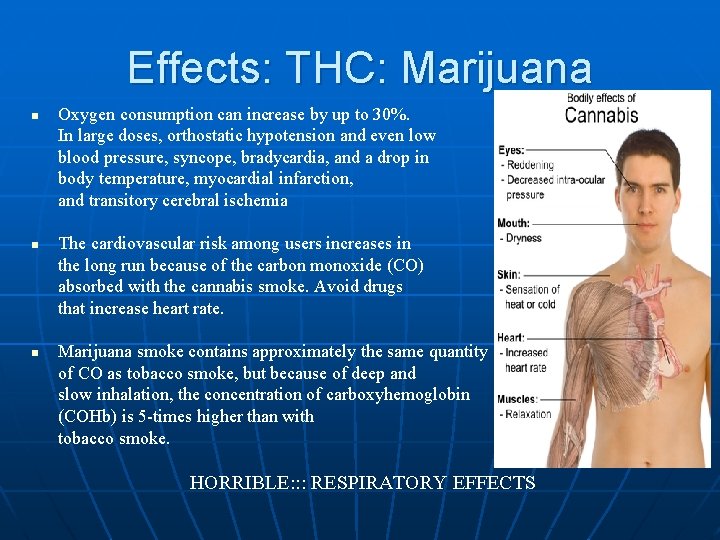 Effects: THC: Marijuana n n n Oxygen consumption can increase by up to 30%. Effects: THC: Marijuana n n n Oxygen consumption can increase by up to 30%.