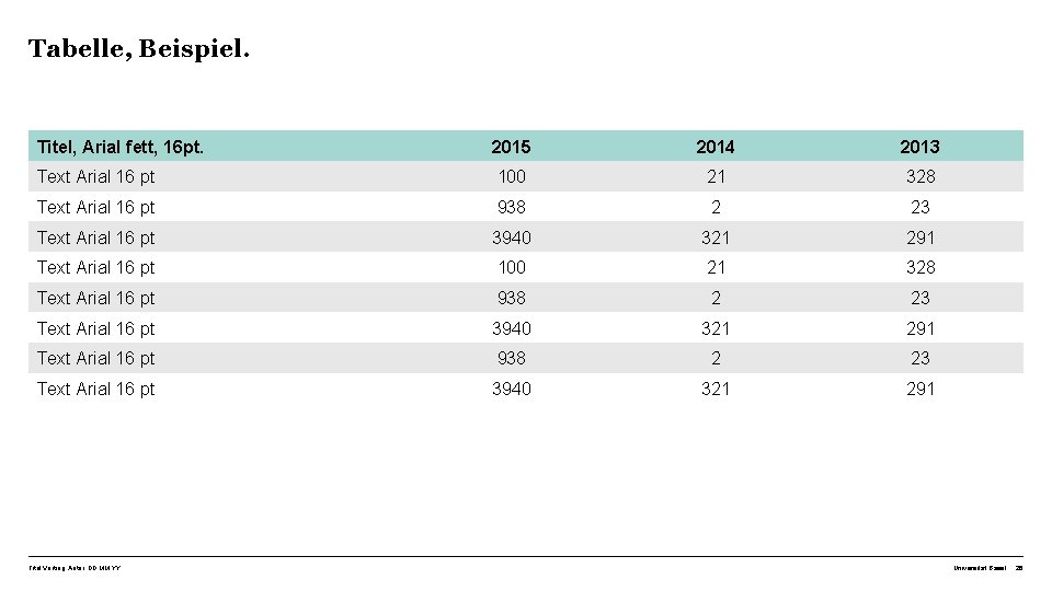 Tabelle, Beispiel. Titel, Arial fett, 16 pt. 2015 2014 2013 Text Arial 16 pt