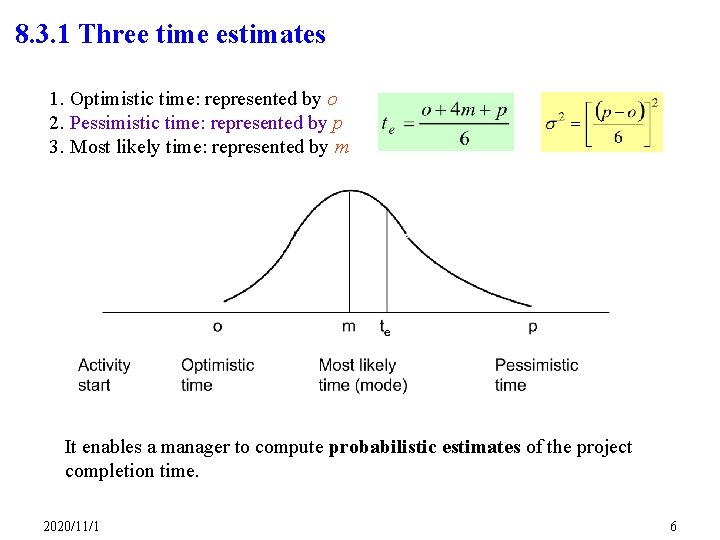 8. 3. 1 Three time estimates 1. Optimistic time: represented by o 2. Pessimistic