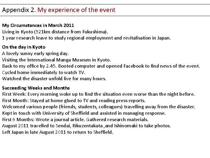Appendix 2. My experience of the event My Circumstances in March 2011 Living in