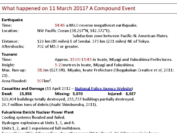 What happened on 11 March 2011? A Compound Event Earthquake Time: Location: Distance: Aftershocks: