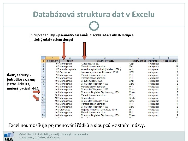 Databázová struktura dat v Excelu Sloupce tabulky = parametry záznamů, hlavička udává obsah sloupce