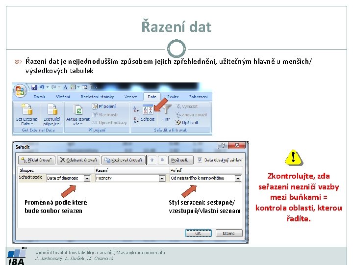 Řazení dat je nejjednodušším způsobem jejich zpřehlednění, užitečným hlavně u menších/ výsledkových tabulek Proměnná