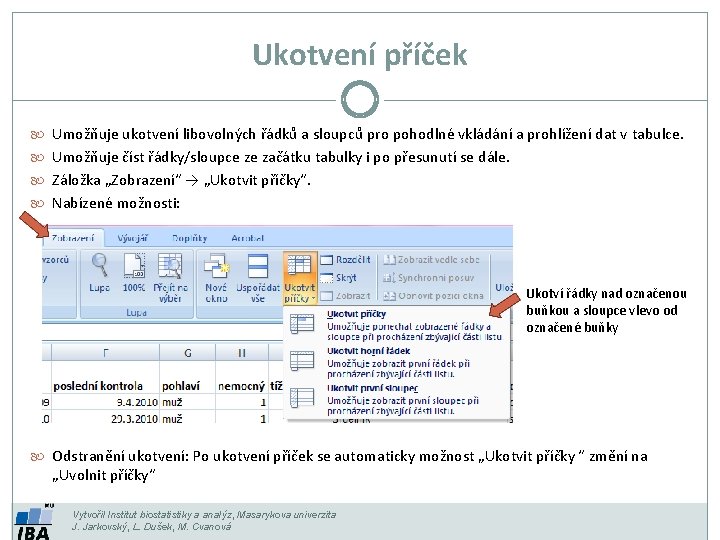 Ukotvení příček Umožňuje ukotvení libovolných řádků a sloupců pro pohodlné vkládání a prohlížení dat