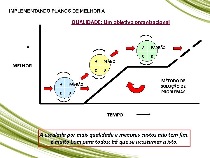 IMPLEMENTANDO PLANOS DE MELHORIA QUALIDADE: Um objetivo organizacional MELHOR A PADRÃO C D A IMPLEMENTANDO PLANOS DE MELHORIA QUALIDADE: Um objetivo organizacional MELHOR A PADRÃO C D A