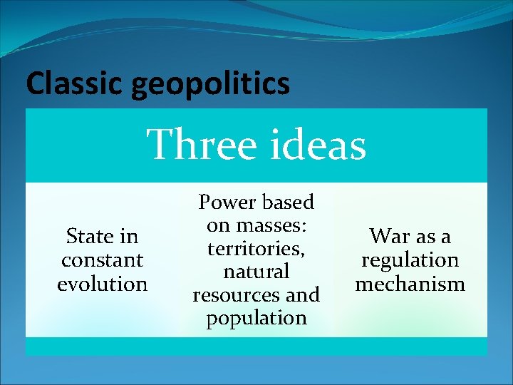Classic geopolitics Three ideas State in constant evolution Power based on masses: territories, natural